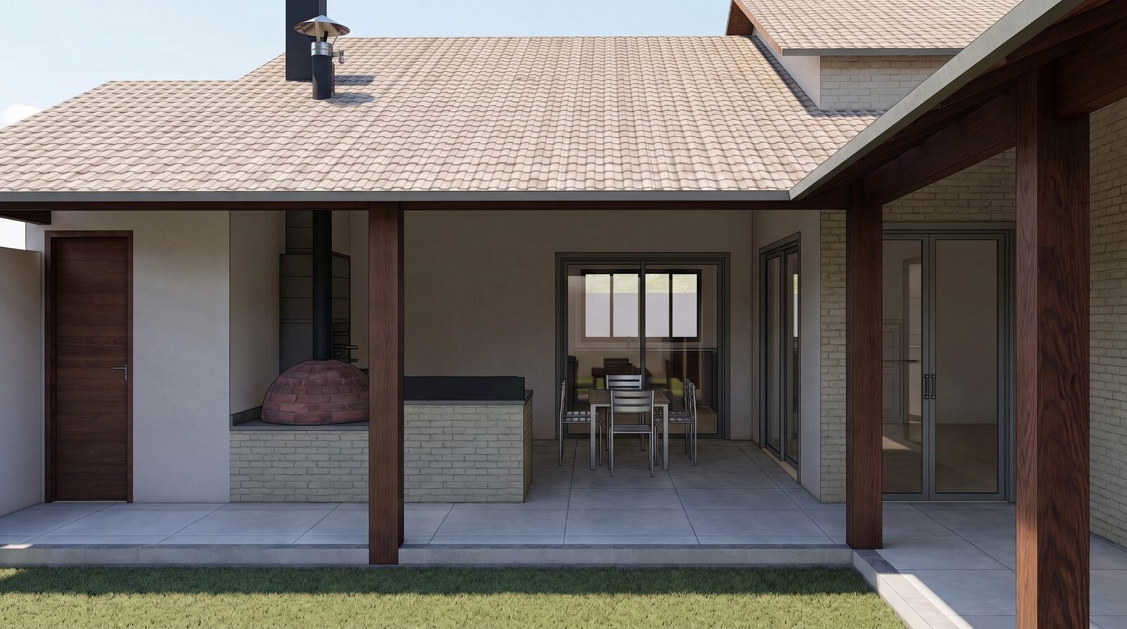 Varanda gourmet da Projeto Jardim Santa Adelaide, Jundiaí-SP, com forno a lenha e área de estar integrada ao jardim