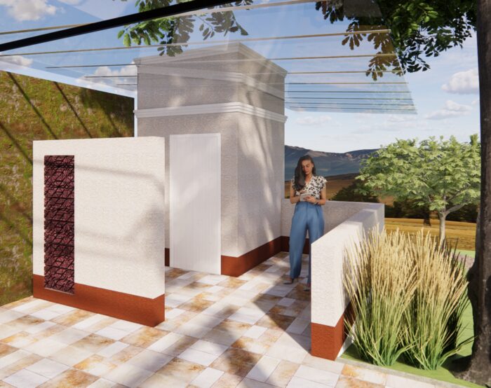 Entrada com painel vazado decorativo e piso em pastilhas