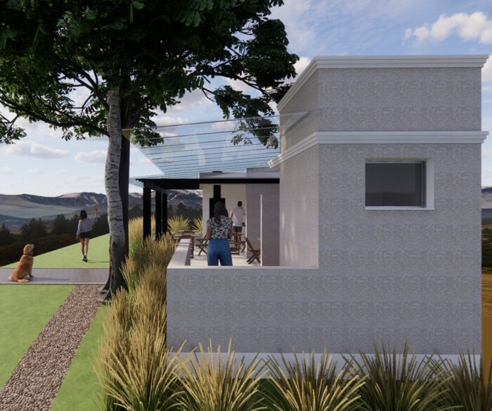 Fachada da área gourmet integrada ao jardim, com pergolado de vidro